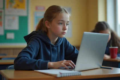 Lycéenne utilisant l'ENT sur un ordinateur portable dans une salle de classe en 2026