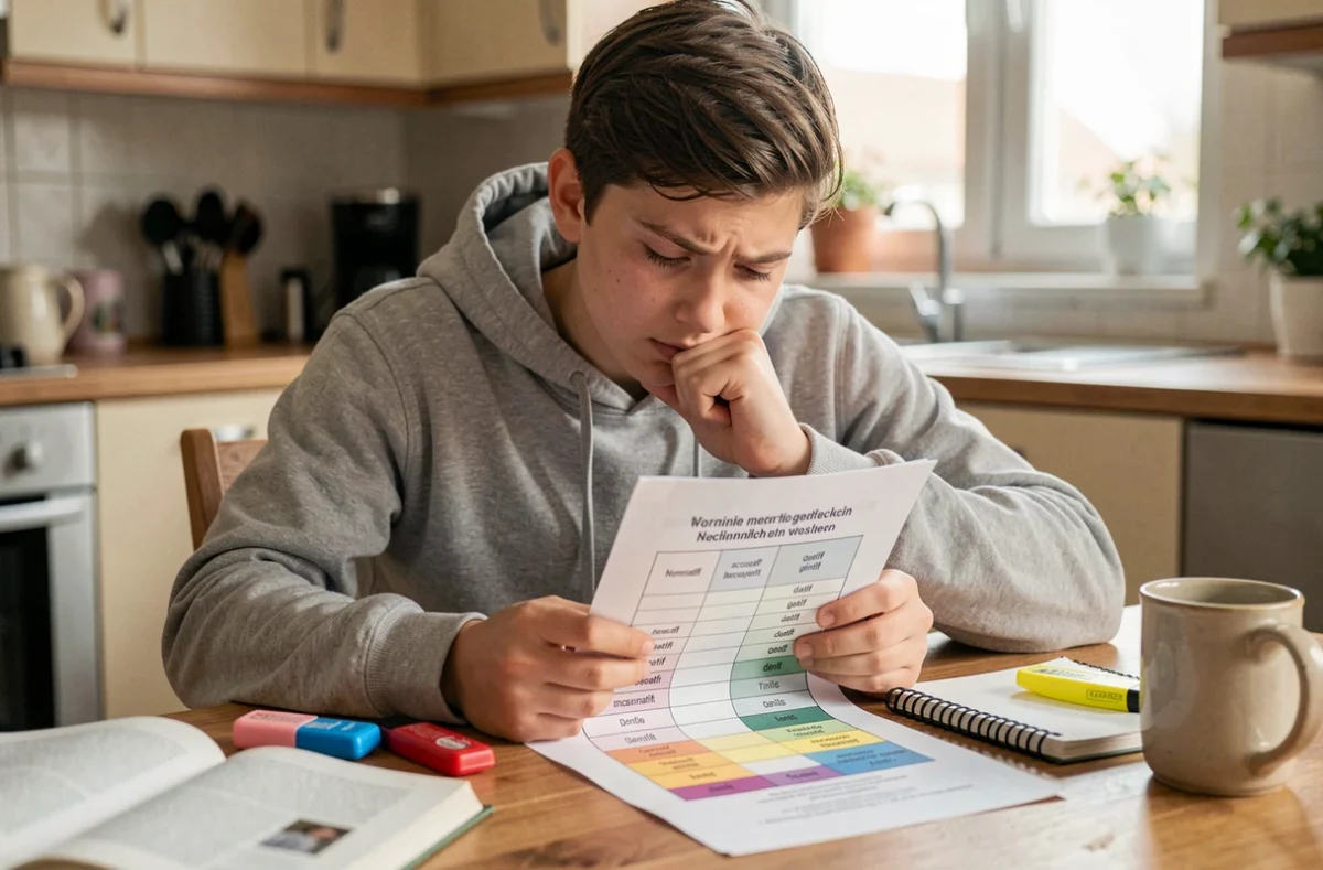 Lycéen qui révise les tableaux de déclinaison allemande imprimés à la maison
