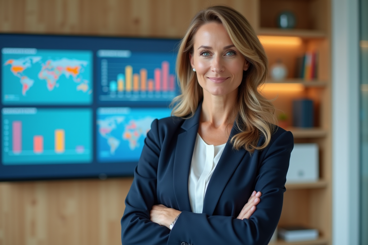 Manager de communication devant un écran avec infographies colorées