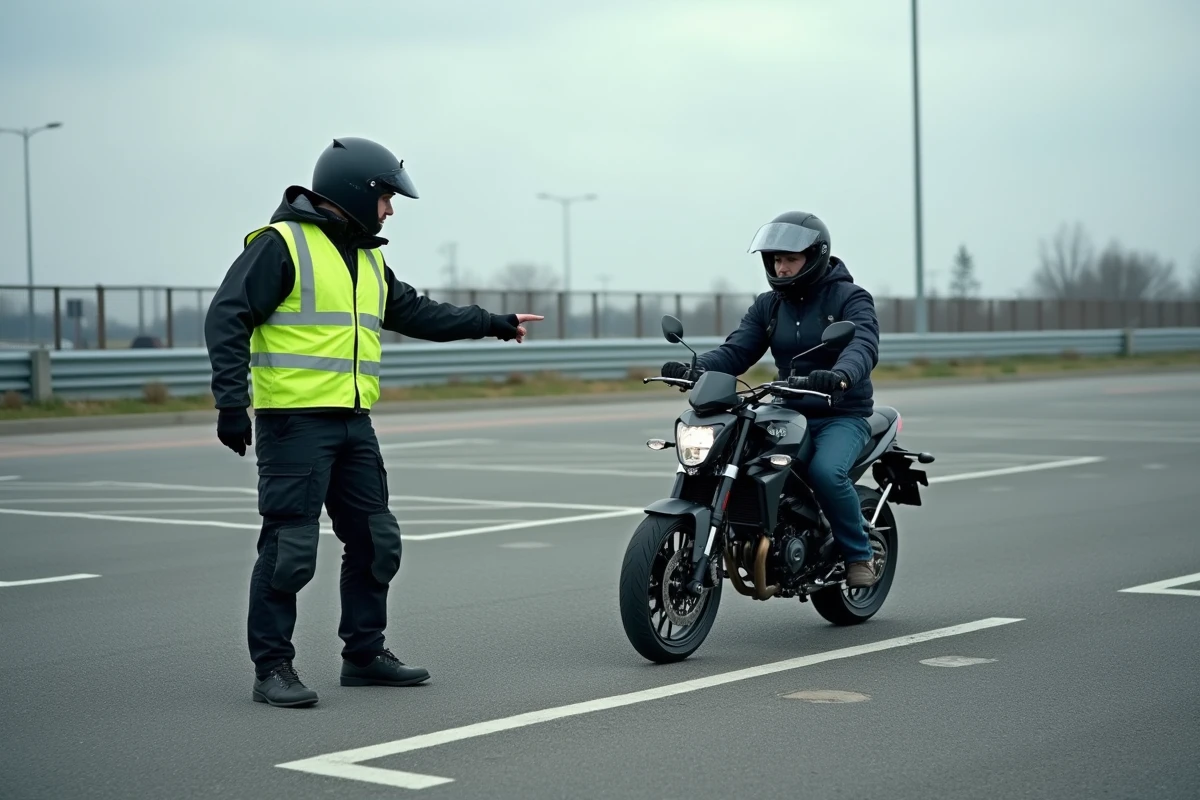 Moniteur de moto en gilet jaune donnant des instructions à un élève sur une 125 cm3 dans un plateau de formation, dans le cadre d'une journée de formation permis A1