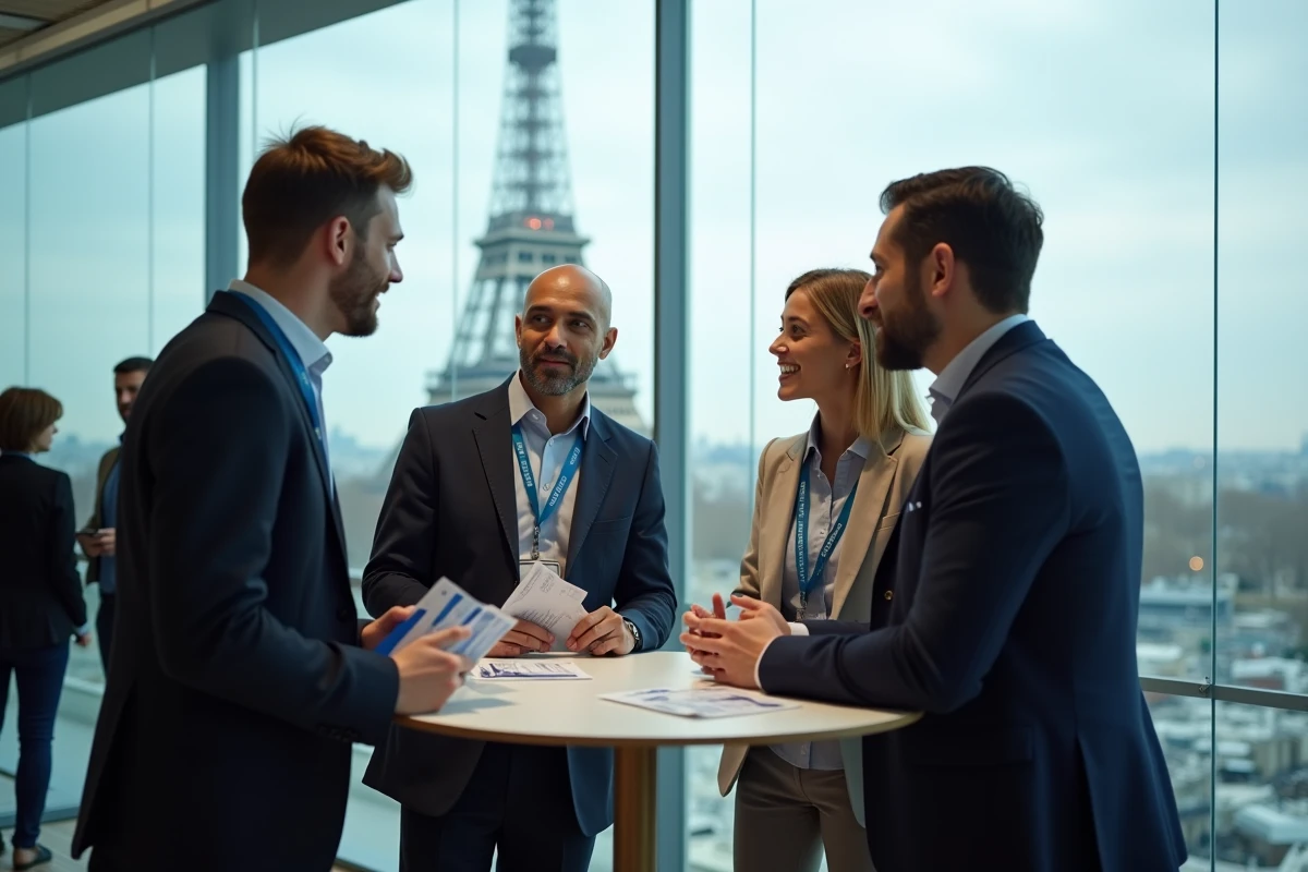 Professionnels en réseau lors d'une pause conférence digitale à Paris, échangeant sur des opportunités de carrière dans le numérique