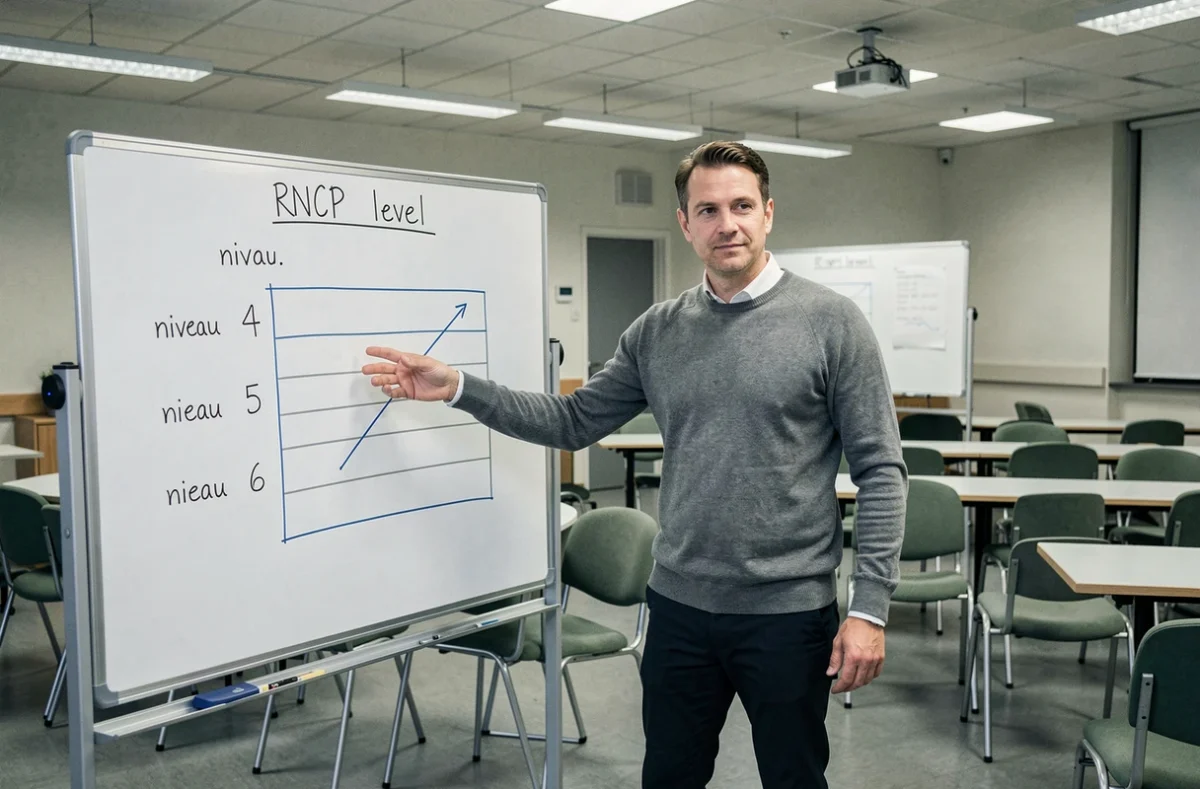 Conseiller en formation expliquant les niveaux RNCP sur un tableau blanc dans une salle de formation professionnelle