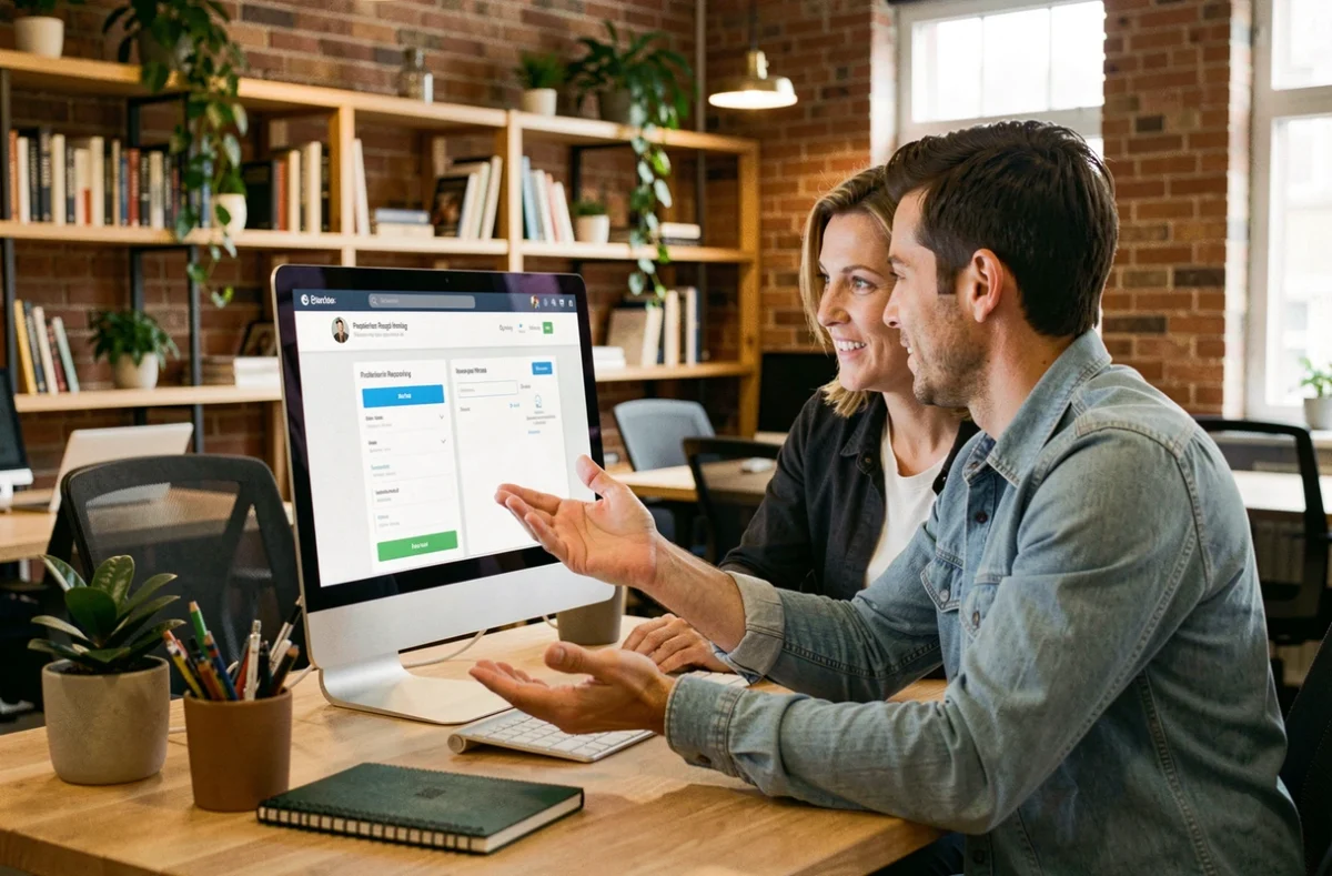 Deux nouveaux arrivants explorant ensemble le portail métier 76 dans un espace de coworking