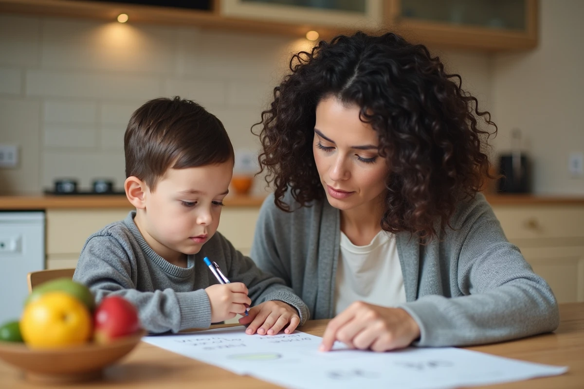 Mère aidant son fils à compléter une fiche de lecture CE2 à la maison