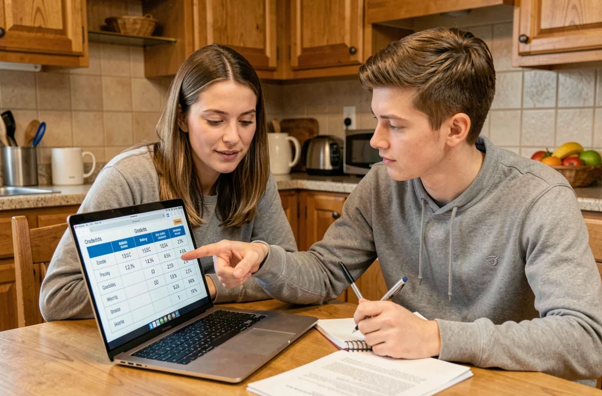 Parent et étudiant consultant ensemble un simulateur de notes du brevet contrôle continu sur ordinateur portable à la maison
