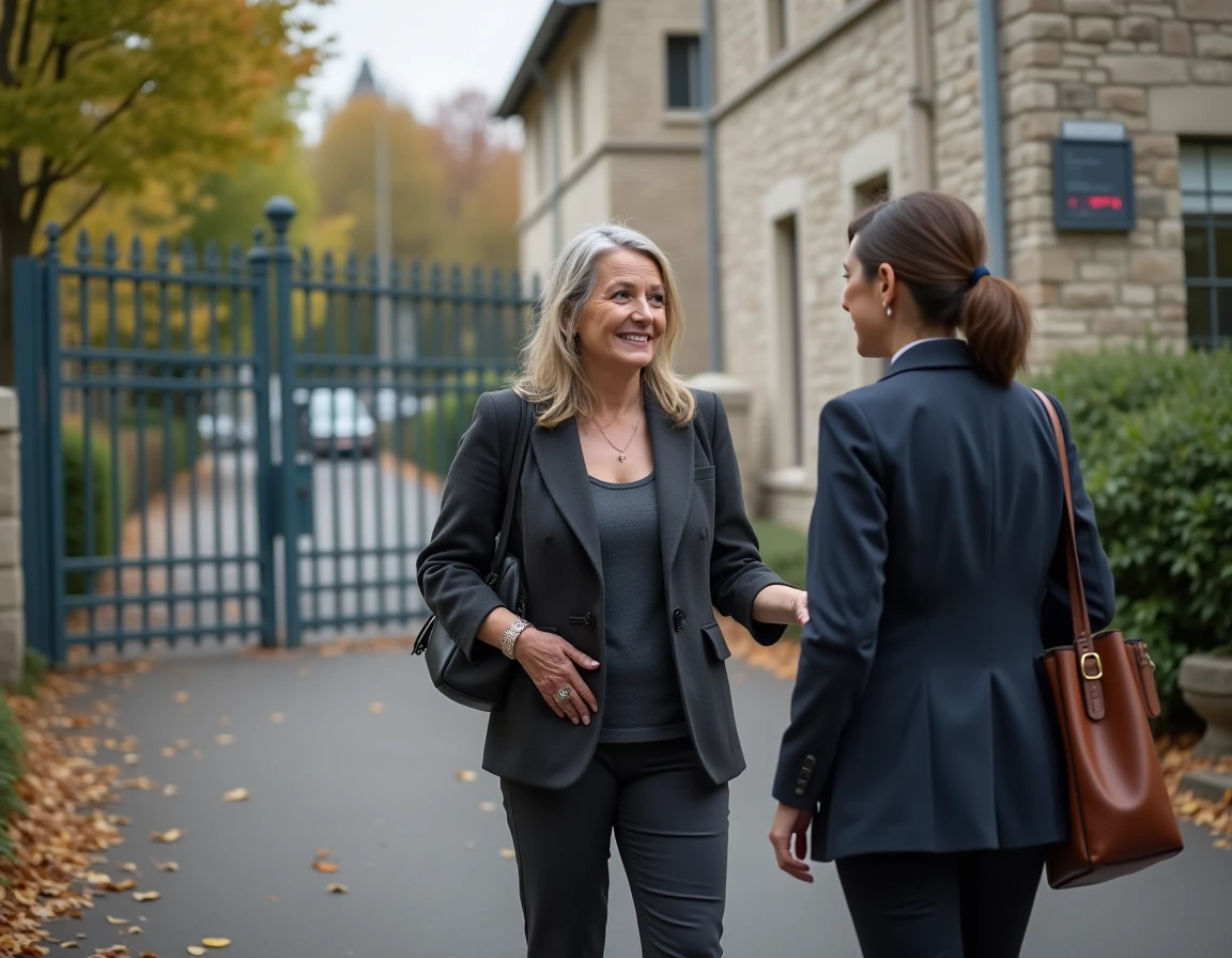 Parents discutant devant l'entrée d'un collège en Normandie à l'automne