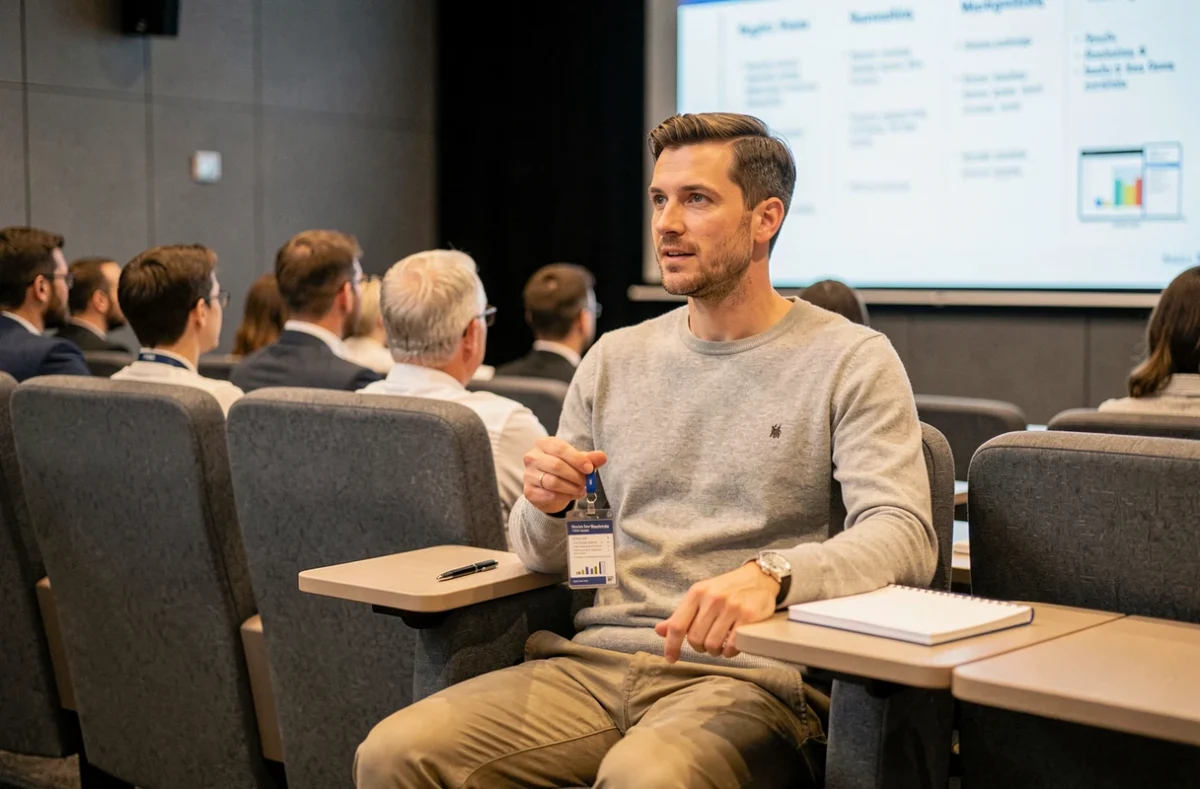 Participant attentif lors d'une session de formation digitale dans une salle de conférence à Paris avec badge d'inscription
