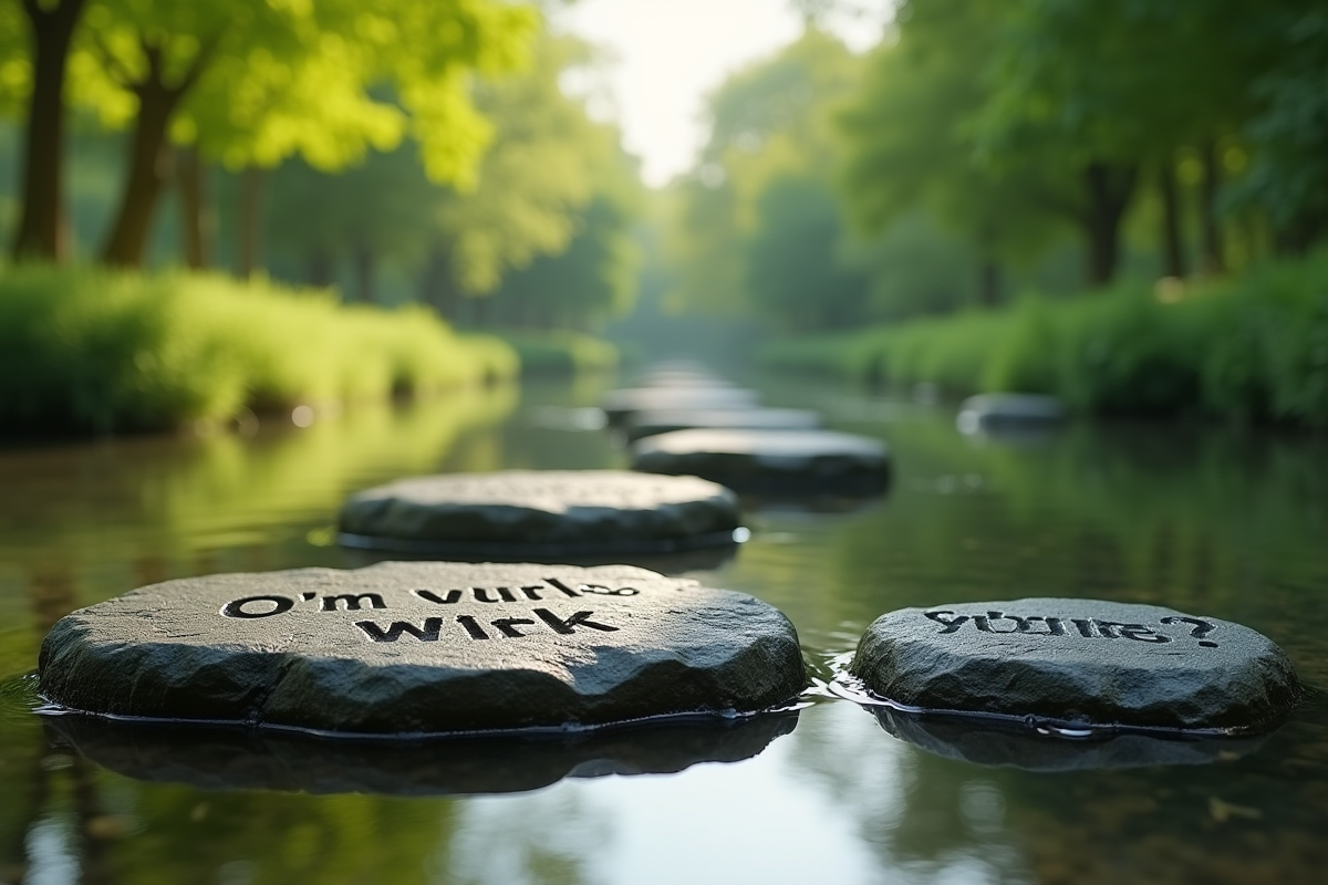 Pierres avec mots motivants traversant une rivière paisible