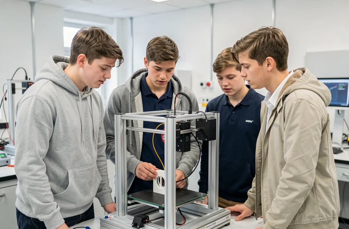 Étudiants de Polytech Paris-Saclay observant un prototype imprimé en 3D dans un laboratoire de fabrication à Orsay