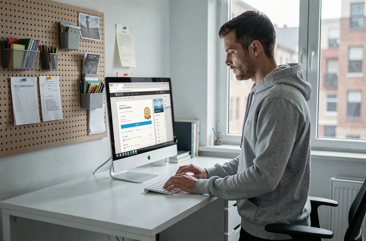 Homme consultant un portail étudiant en ligne pour obtenir une attestation de diplôme depuis son bureau à domicile