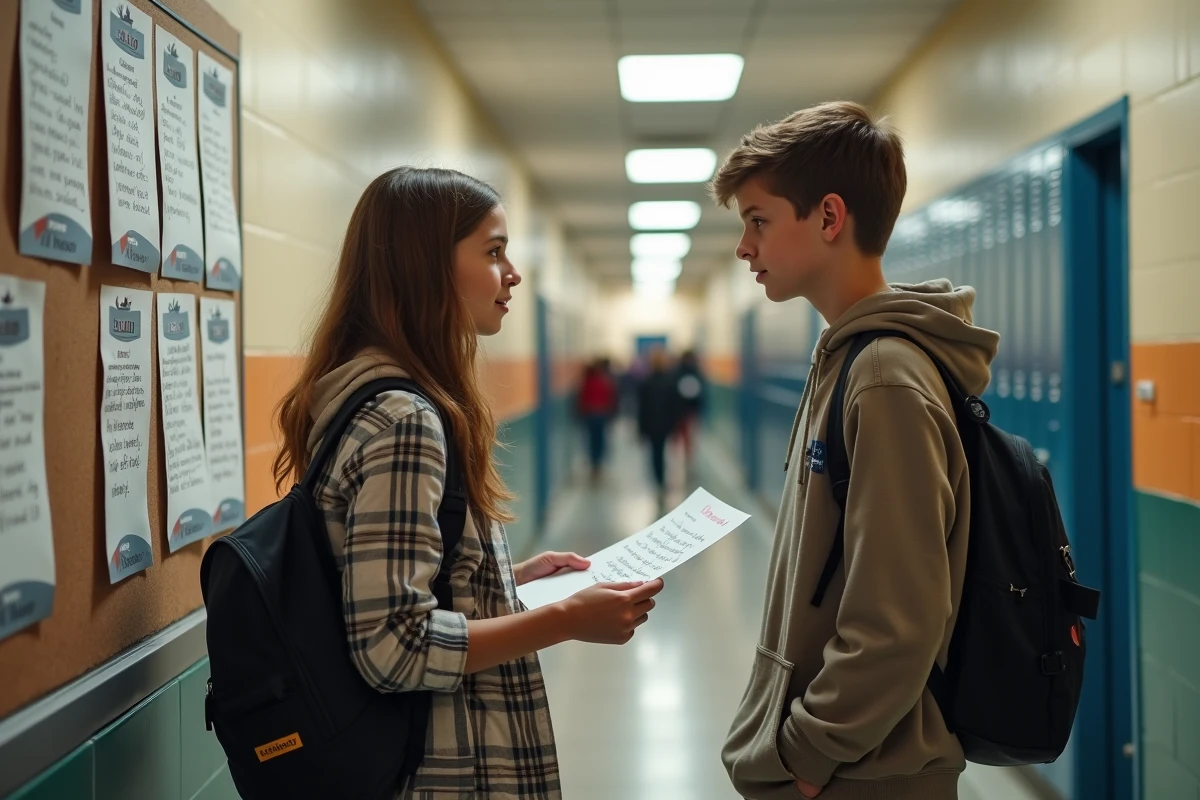 Deux élèves discutant d'un discours de campagne devant des affiches de délégué dans un couloir scolaire