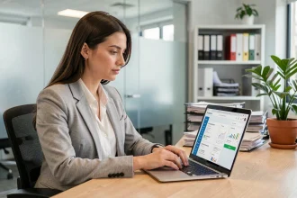 Nouvelle arrivante découvrant le portail métier 76 sur un ordinateur portable dans un bureau administratif moderne