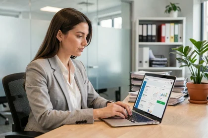 Nouvelle arrivante découvrant le portail métier 76 sur un ordinateur portable dans un bureau administratif moderne