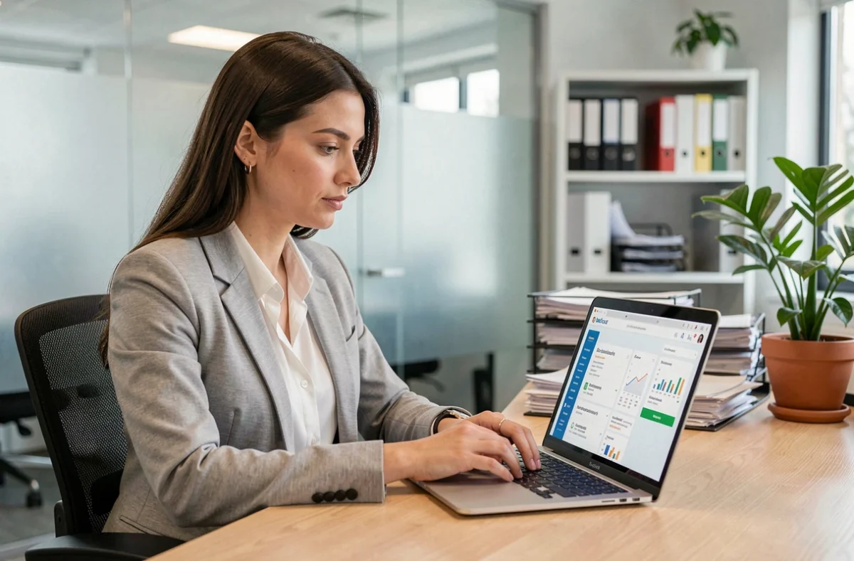 Nouvelle arrivante découvrant le portail métier 76 sur un ordinateur portable dans un bureau administratif moderne