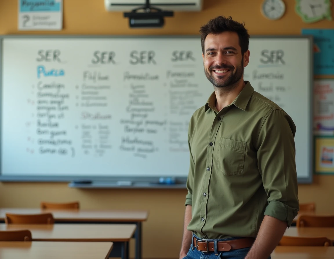 Professeur d'espagnol masculin devant un tableau blanc avec les conjugaisons du verbe SER écrites à la main, dans une salle de classe authentique