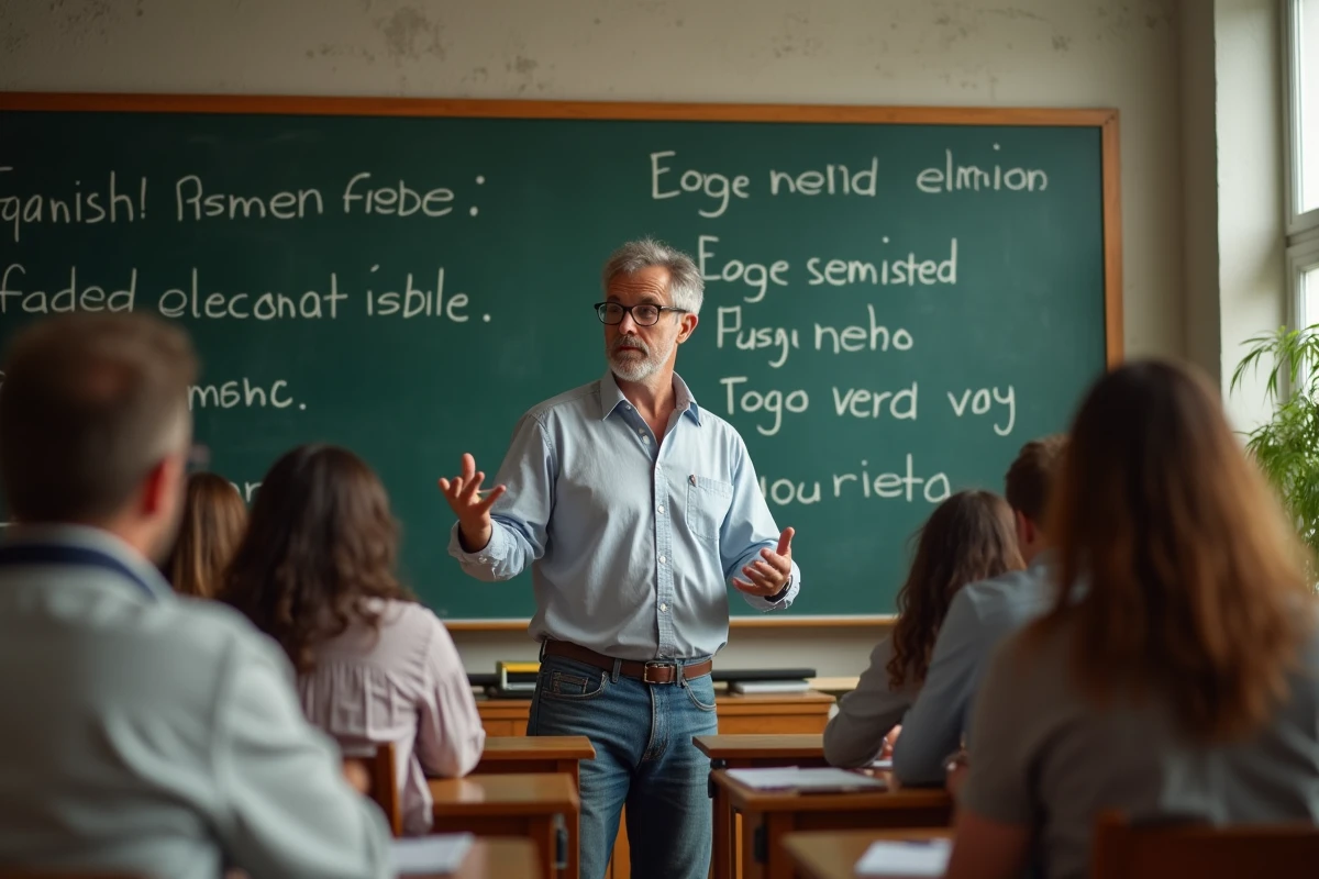 Professeur expliquant la conjugaison espagnole en classe