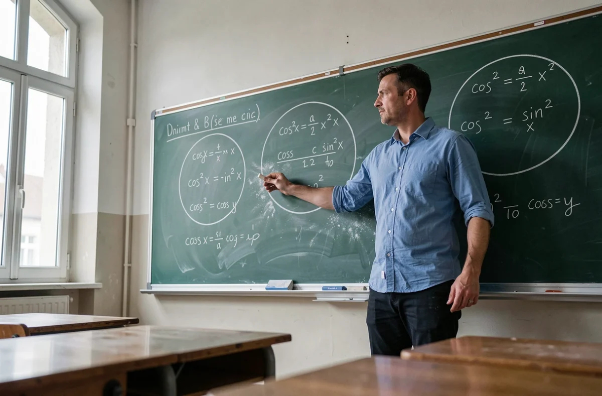Professeur de mathématiques expliquant les formules trigonométriques cos²sin² et produits cosinus-sinus au tableau noir
