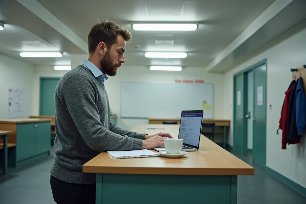 Professeur consultant le portail iProf dans une salle des professeurs pour préparer sa mutation 2026
