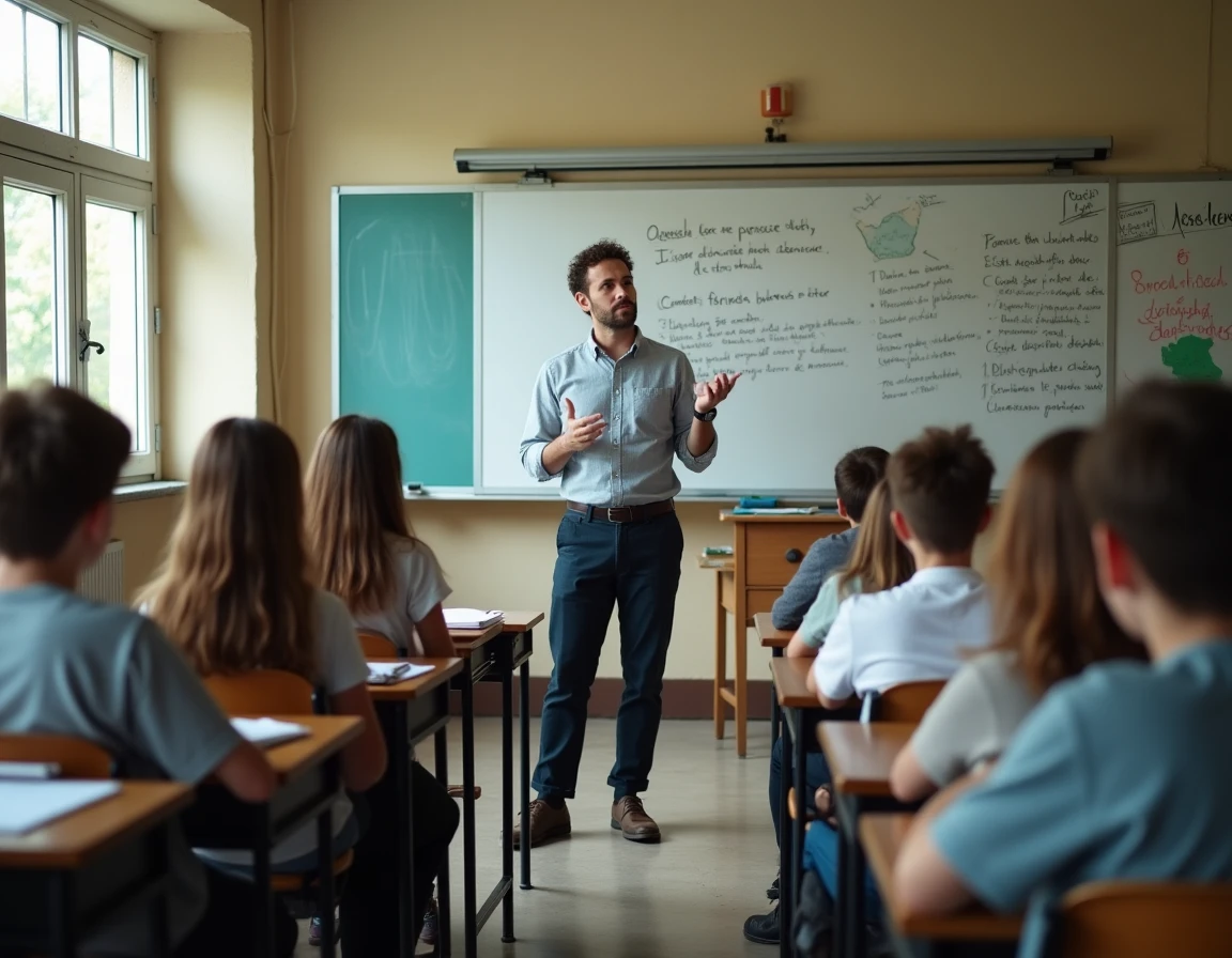 Professeur enseignant devant un tableau blanc dans une salle de classe de collège français