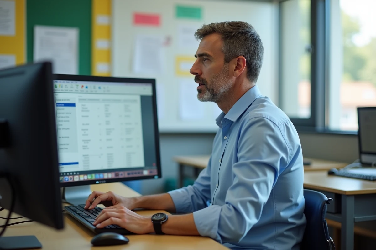 Professeur regardant les dossiers d attendance dans une salle de classe moderne