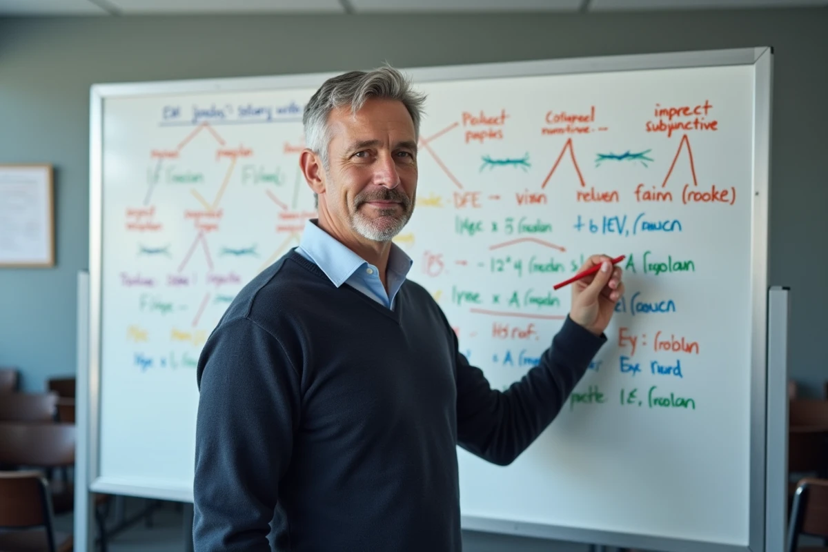 Professeur expliquant le subjonctif imparfait espagnol devant un tableau blanc avec des schémas de conjugaison colorés