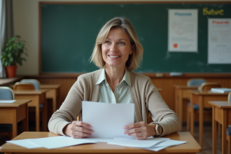Professeure française en classe avec documents