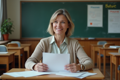 Professeure française en classe avec documents