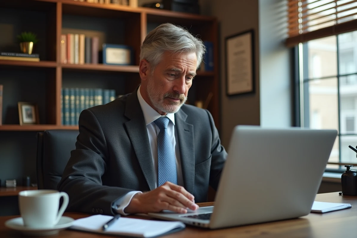 Professionnel RH rédigeant un rapport d'appréciation de tuteur de stage sur ordinateur portable dans un bureau classique