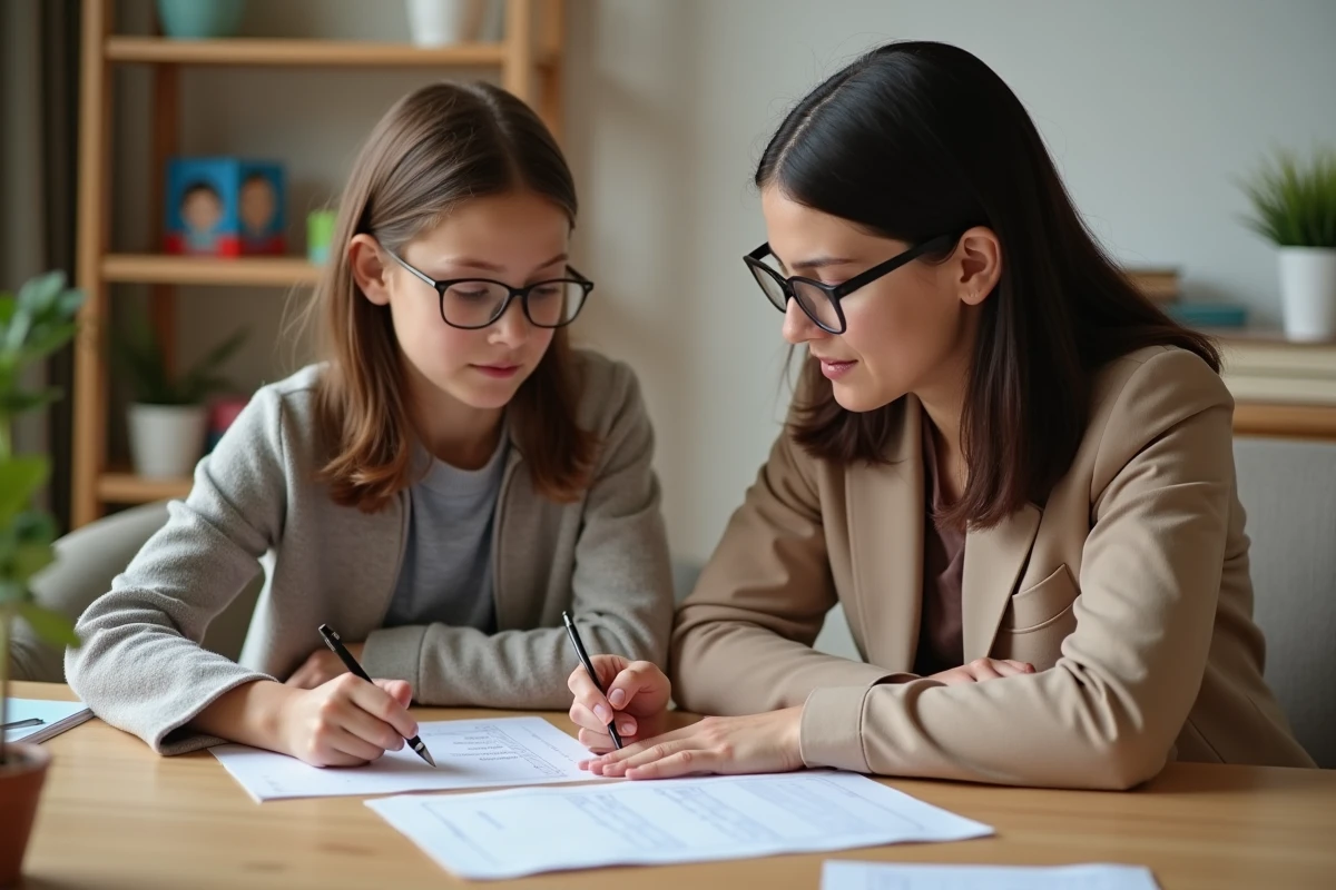 Psychologue discutant avec une jeune fille dans un bureau chaleureux