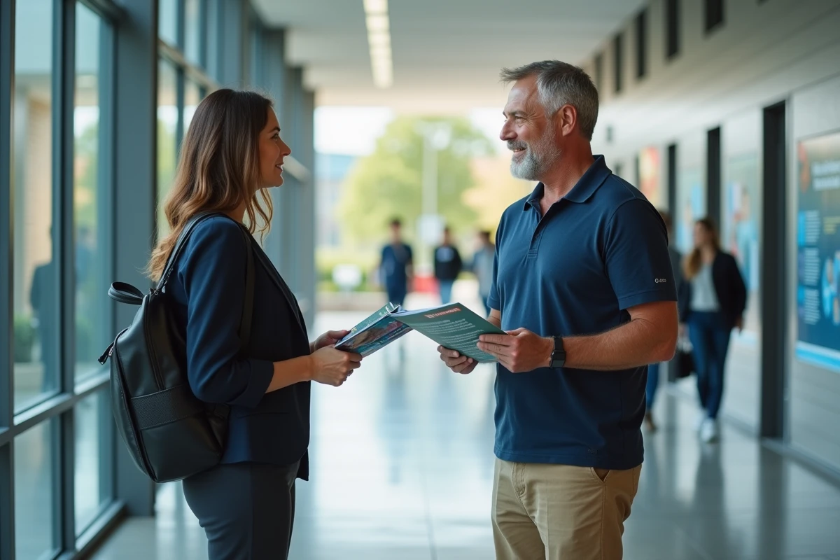 Homme en reconversion discutant des formations en ergothérapie avec une conseillère dans le couloir d'une université