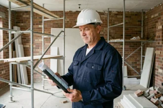 Un homme en reconversion professionnelle consulte des plans sur tablette dans un chantier de rénovation, illustrant la formation aux métiers du bâtiment