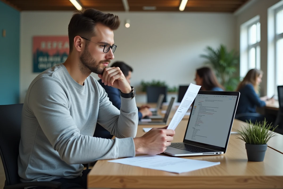 Homme en reconversion professionnelle consultant son bilan de compétences dans un espace Solerys