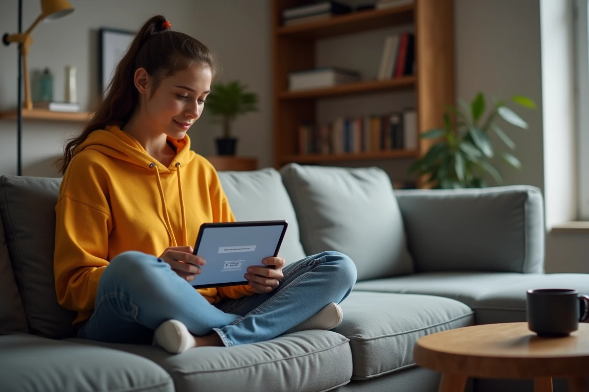 Jeune utilisateur réinitialisant son compte id.ac-versailles.fr sur une tablette depuis son salon