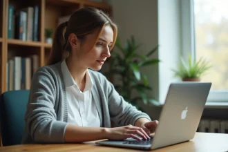 Femme réinitialisant son mot de passe sur le portail académique id.ac-versailles.fr depuis son bureau à domicile