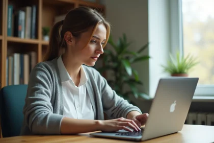 Femme réinitialisant son mot de passe sur le portail académique id.ac-versailles.fr depuis son bureau à domicile