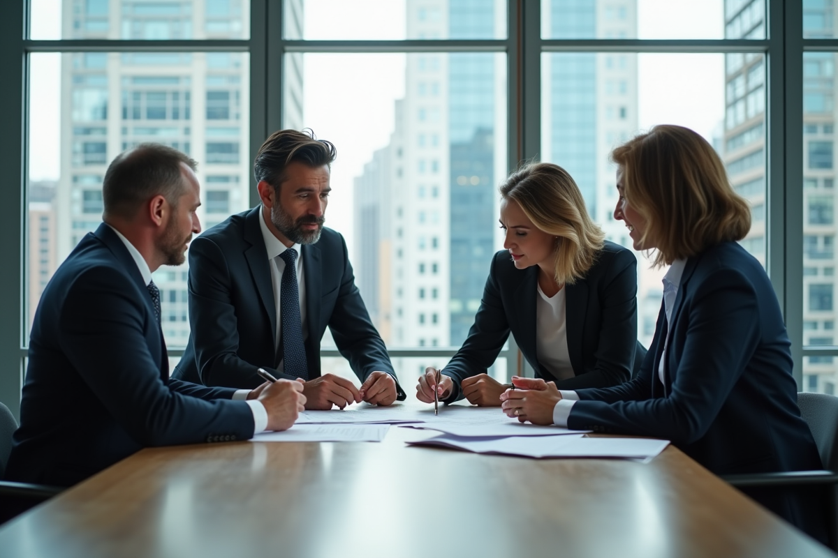 Groupe de professionnels en discussion dans une salle de réunion