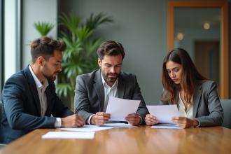 Trois adultes divers en réunion de travail en bureau