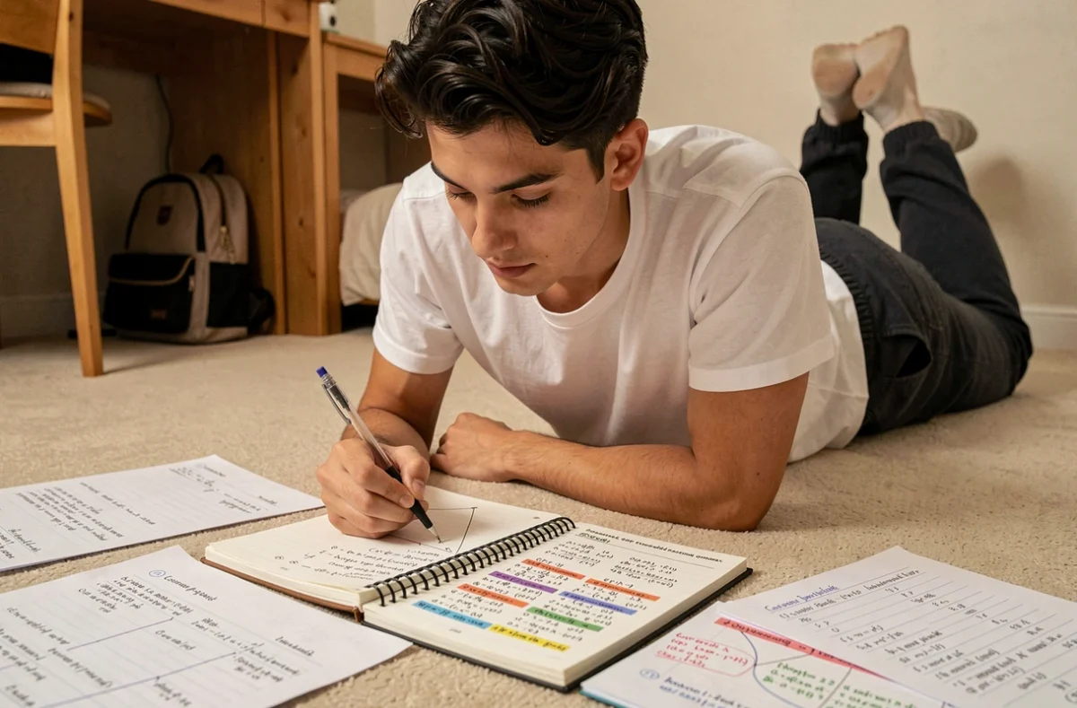 Jeune homme révisant les différences entre formules cos cos sin sin et cos²-sin² dans un cahier annoté