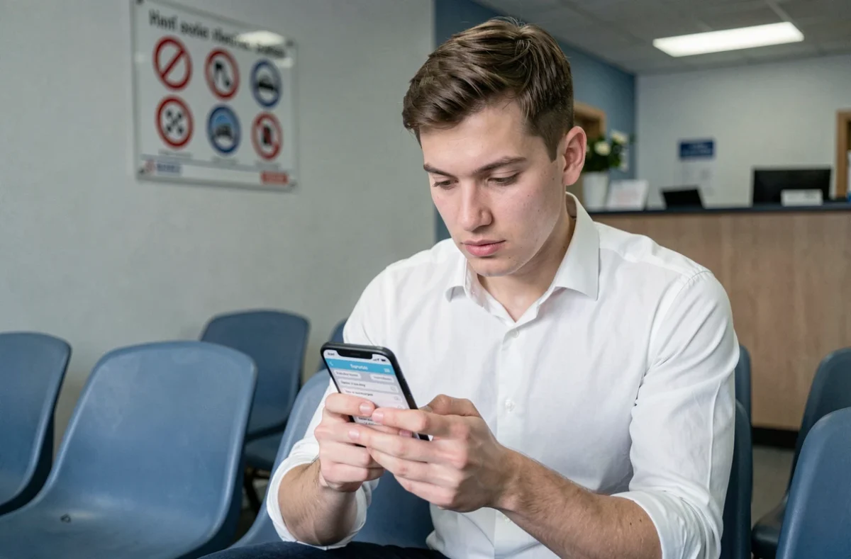 Jeune homme révisant les questions du permis de conduire sur une application mobile dans une auto-école