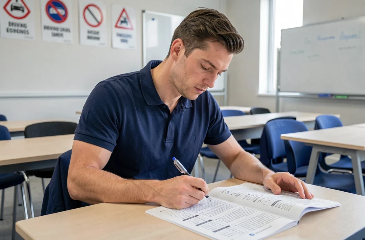 Homme en auto-école révisant un livret PDF de questions théoriques pour le permis de conduire