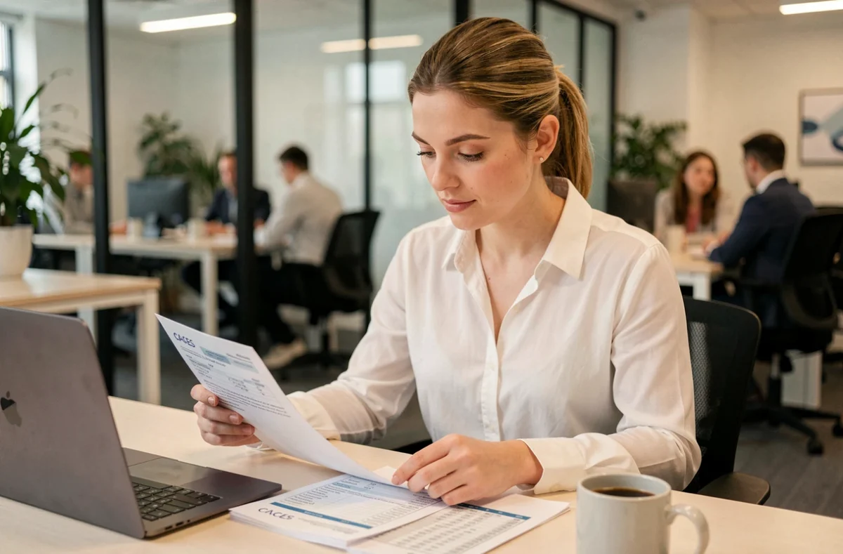 Professionnelle des ressources humaines analysant les grilles salariales liées à la certification CACES 1 3