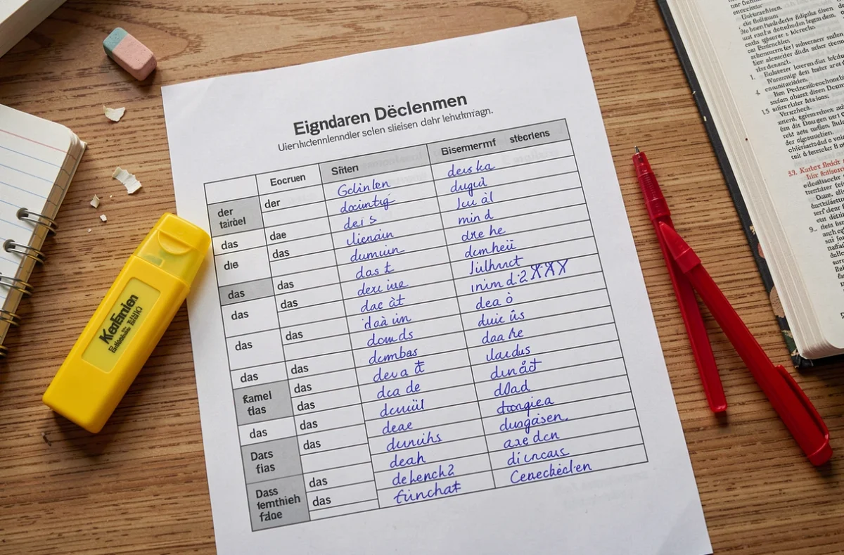 Vue aérienne d'un tableau de déclinaison allemand imprimé annoté avec stylo et surligneur sur un bureau scolaire