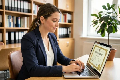 Jeune femme téléchargeant son attestation de diplôme sur un ordinateur portable dans un bureau universitaire moderne