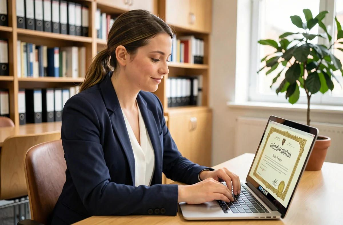 Jeune femme téléchargeant son attestation de diplôme sur un ordinateur portable dans un bureau universitaire moderne