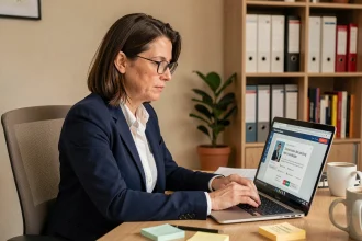 Femme utilisant son compte CPF sur un ordinateur portable dans un bureau à domicile avant la réforme