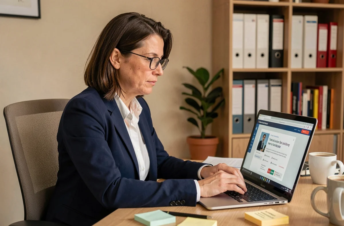 Femme utilisant son compte CPF sur un ordinateur portable dans un bureau à domicile avant la réforme