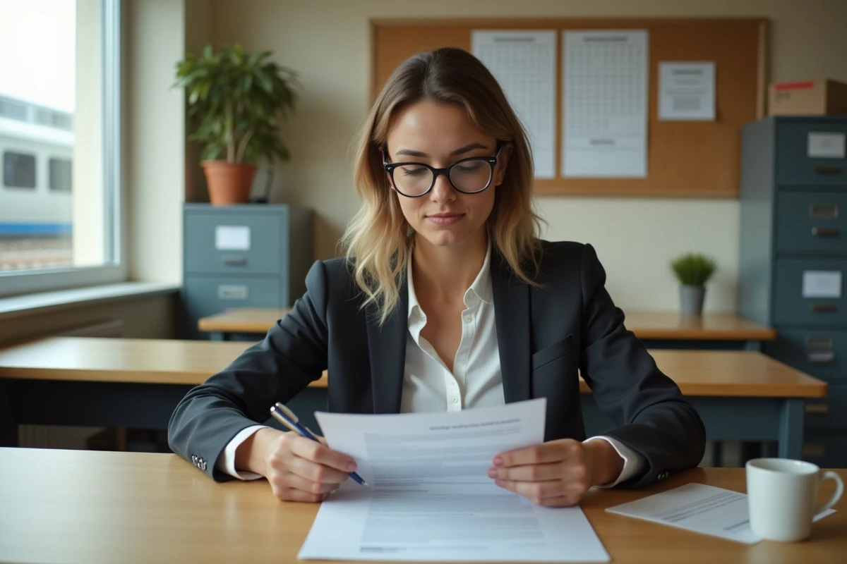 Une femme wagoniste examine un contrat de travail dans un bureau ferroviaire, choisissant entre intérim, CDD et CDI