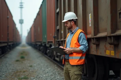Wagoniste professionnel en gilet de sécurité consultant ses documents dans un dépôt ferroviaire industriel