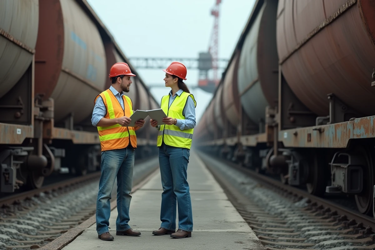 Deux wagonistes discutent de statuts professionnels sur un quai de triage ferroviaire industriel