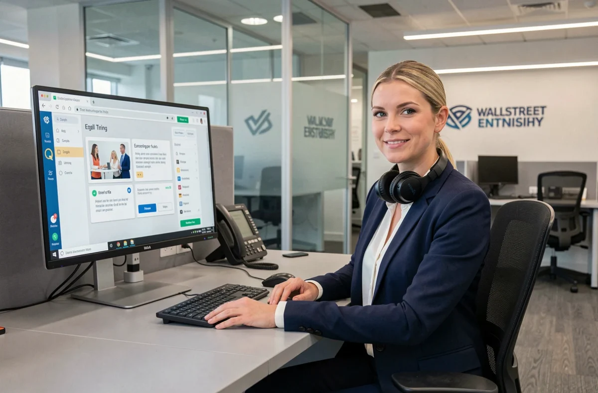 Apprenante adulte suivant une formation en anglais sur plateforme numérique dans un centre Wall Street English à Lyon